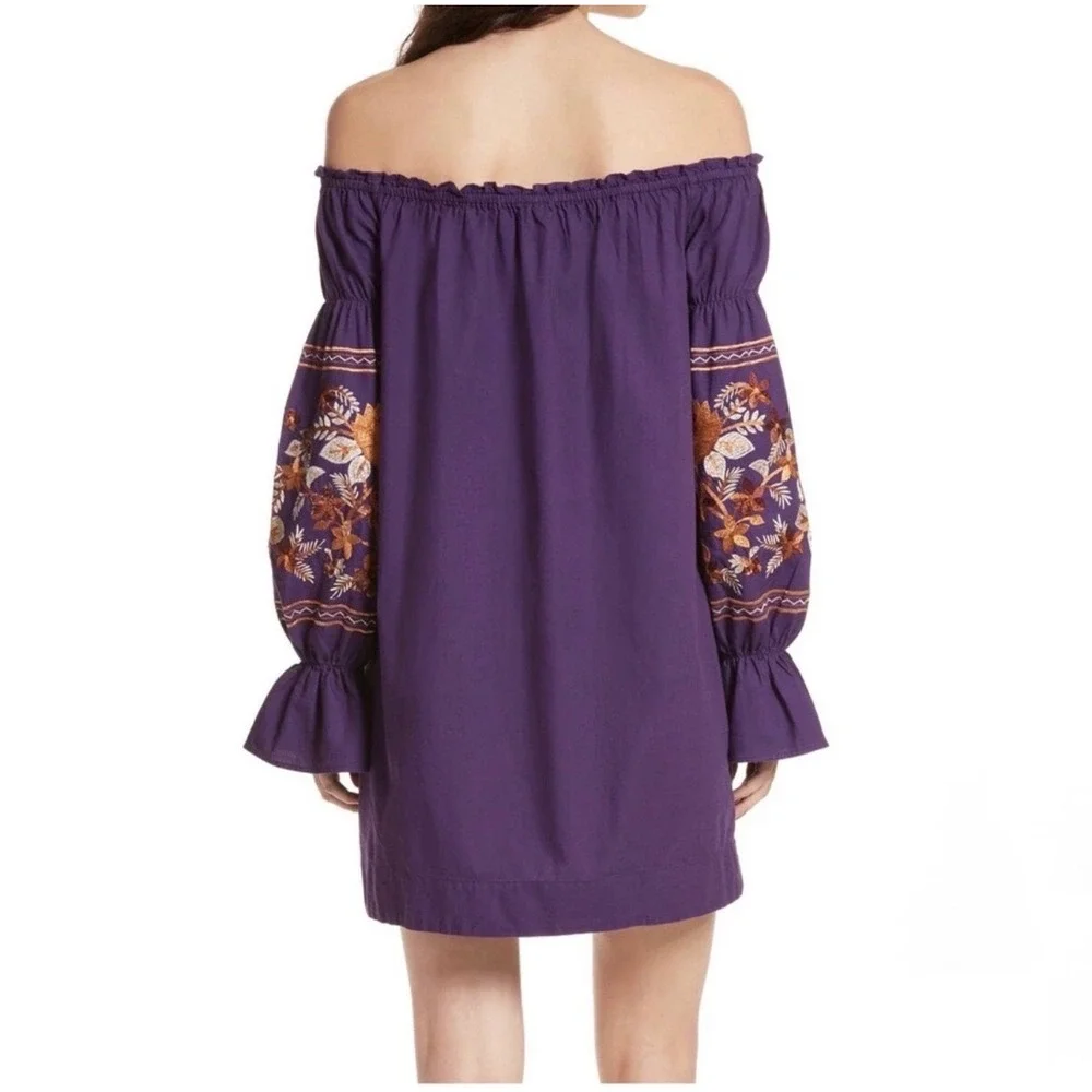$148 FREE PEOPLE Purple Floral Embroidered Peasant Off Shoulder Dress Tunic‎ XS